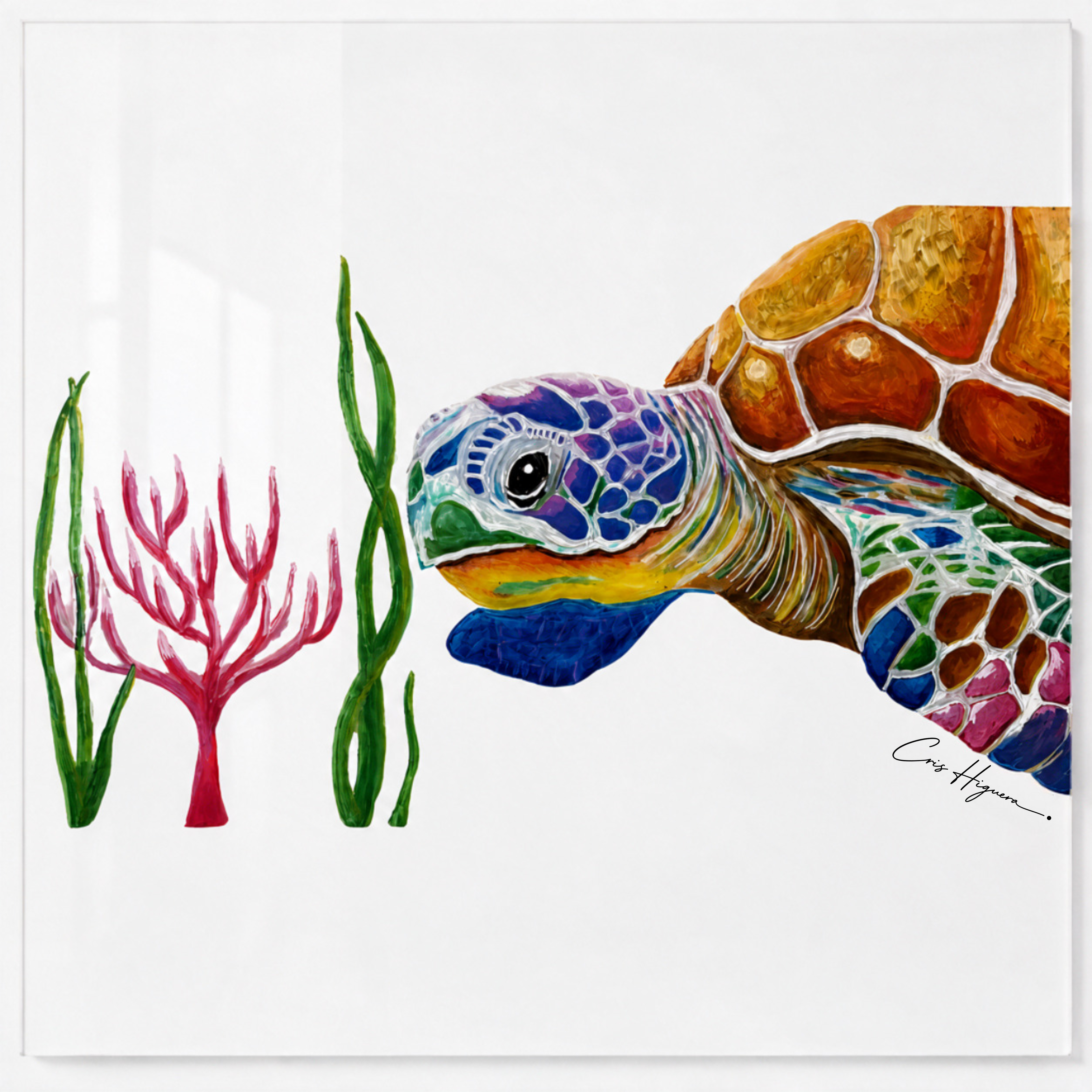 Tortuga marina — Acrílico y relieve sobre metacrilato transparente